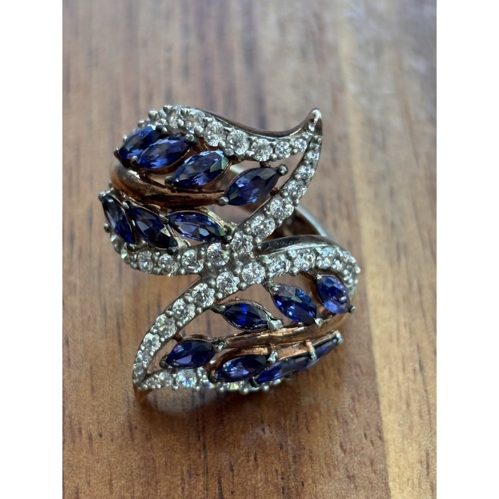 SJD 925 Sterling Silver Tanzanite And CZ  Leaf Ring Size 7